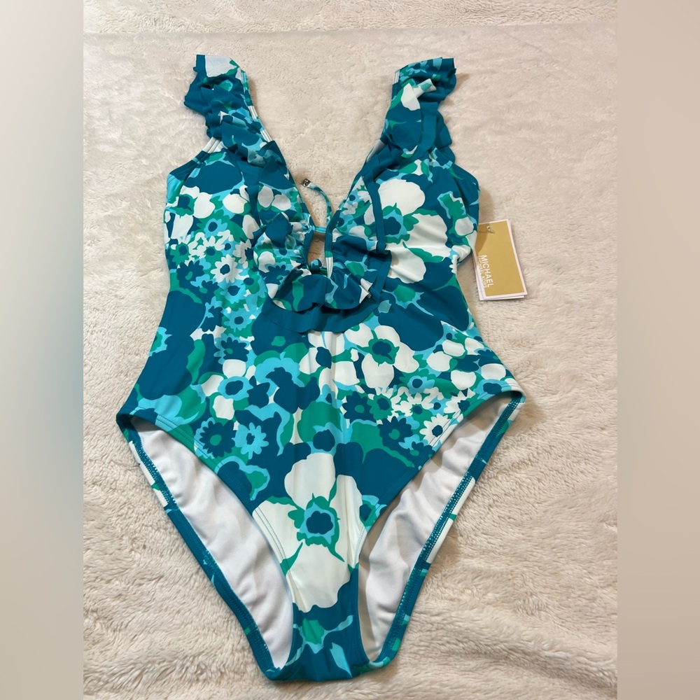 Michael Kors Aqua Ruffled Scoop Back One Piece Swim Suit Size 10